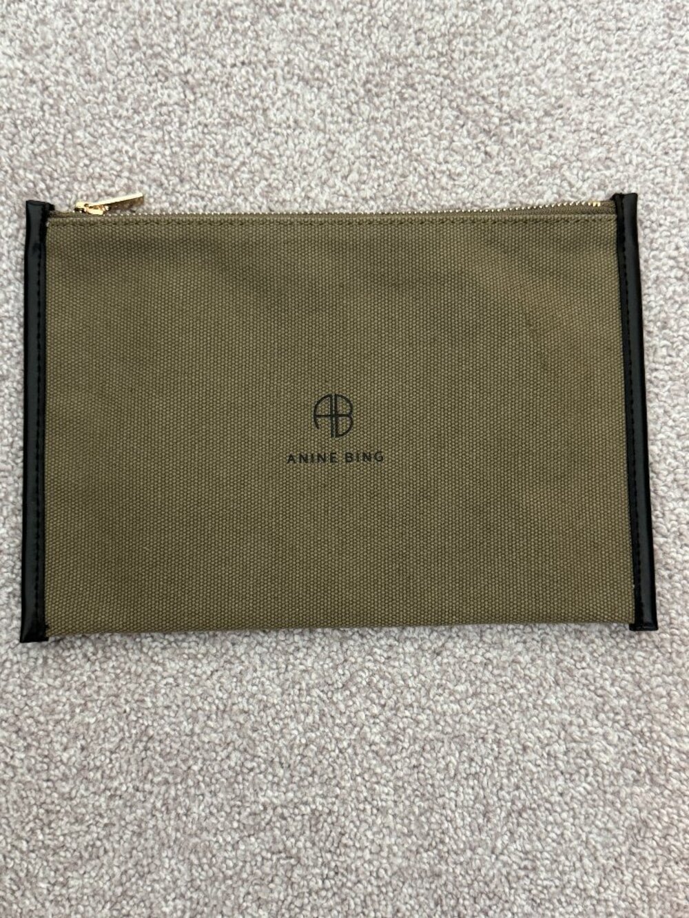 ANINE BING Canvas & Leather Cosmetic Pouch Olive Green Black Trim